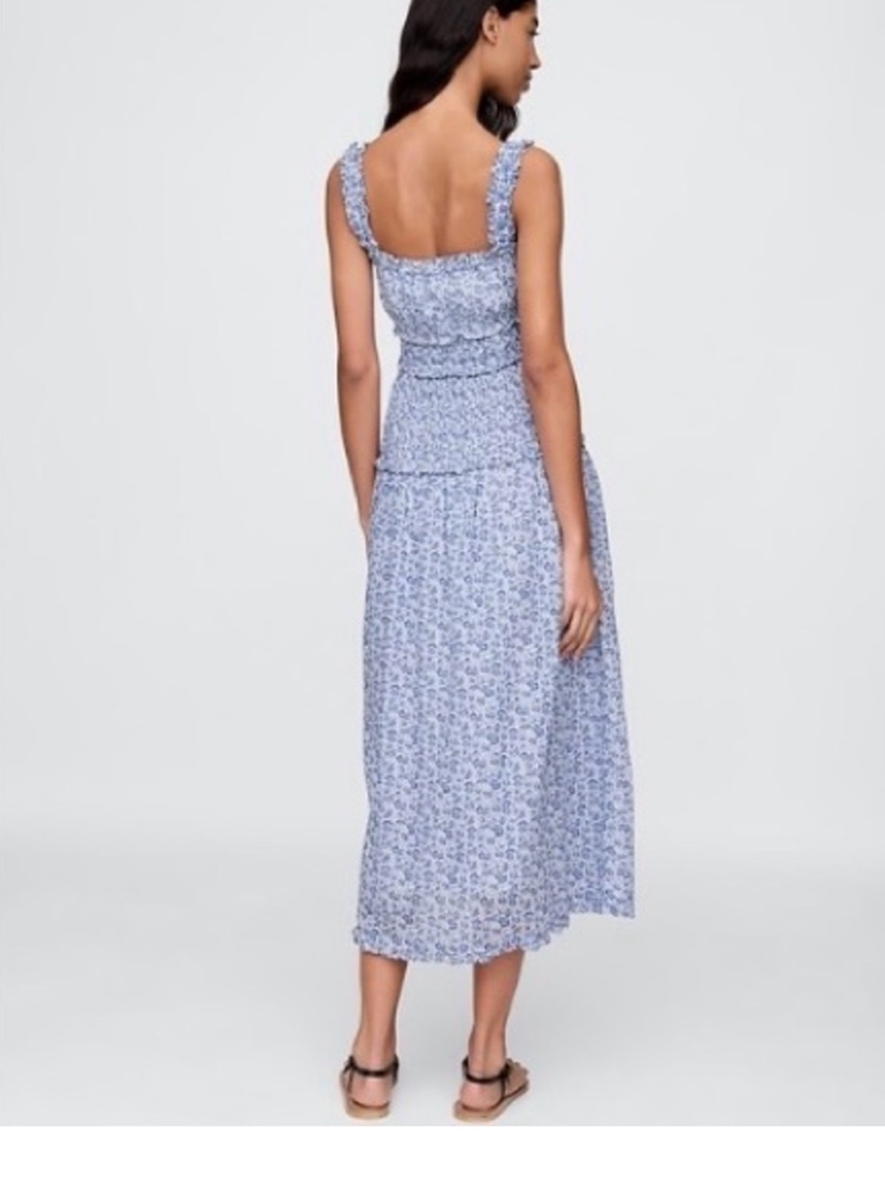 Blue Floral Smocked Midi Dress - Lightweight Summer Dress - Picture 4 of 7